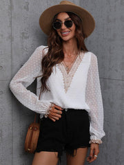 Chiffon solid color stitching lace long-sleeved shirt commuting top - 808Lush