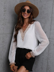 Chiffon solid color stitching lace long-sleeved shirt commuting top - 808Lush