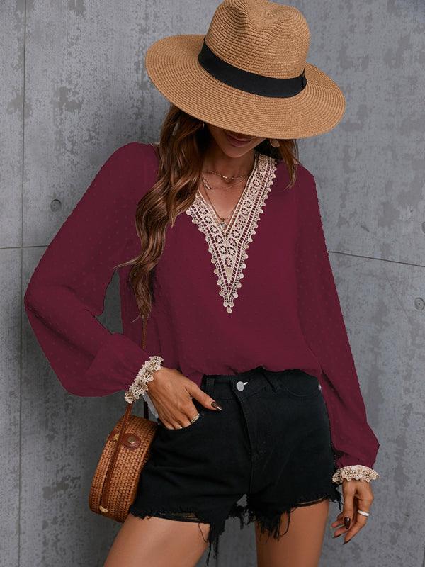 Chiffon solid color stitching lace long-sleeved shirt commuting top - 808Lush