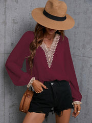 Chiffon solid color stitching lace long-sleeved shirt commuting top - 808Lush