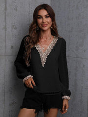 Chiffon solid color stitching lace long-sleeved shirt commuting top - 808Lush