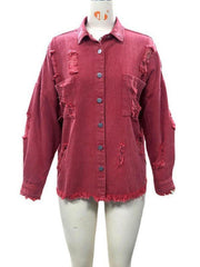 Coat mid-length style ripped loose denim shirt jacket - 808Lush
