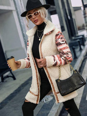 Color block printed lapel long zippered plush jacket - 808Lush