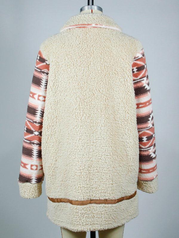 Color block printed lapel long zippered plush jacket - 808Lush