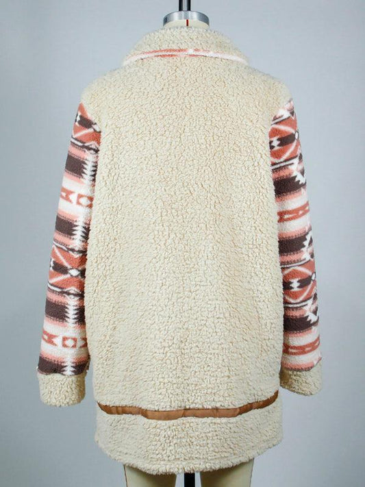 Color block printed lapel long zippered plush jacket - 808Lush