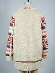 Color block printed lapel long zippered plush jacket - 808Lush