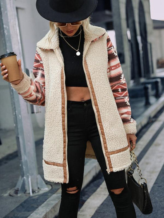 Color block printed lapel long zippered plush jacket - 808Lush