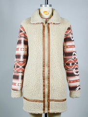 Color block printed lapel long zippered plush jacket - 808Lush