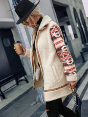 Color block printed lapel long zippered plush jacket - 808Lush