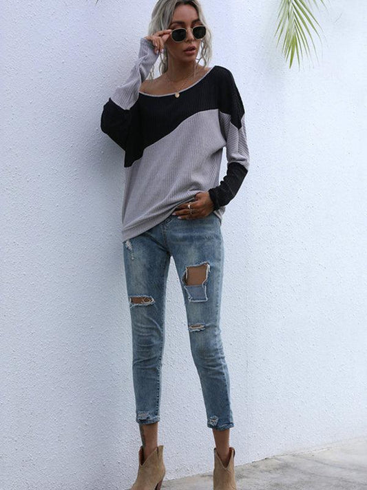 Colorblock Long Sleeve Knit Loose Off Shoulder One Shoulder Top - 808Lush