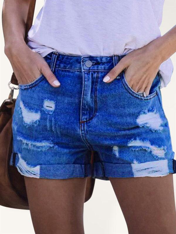 DESTROYED HIGH STRETCH DENIM SHORTS - 808Lush