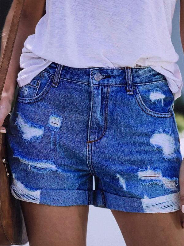 DESTROYED HIGH STRETCH DENIM SHORTS - 808Lush