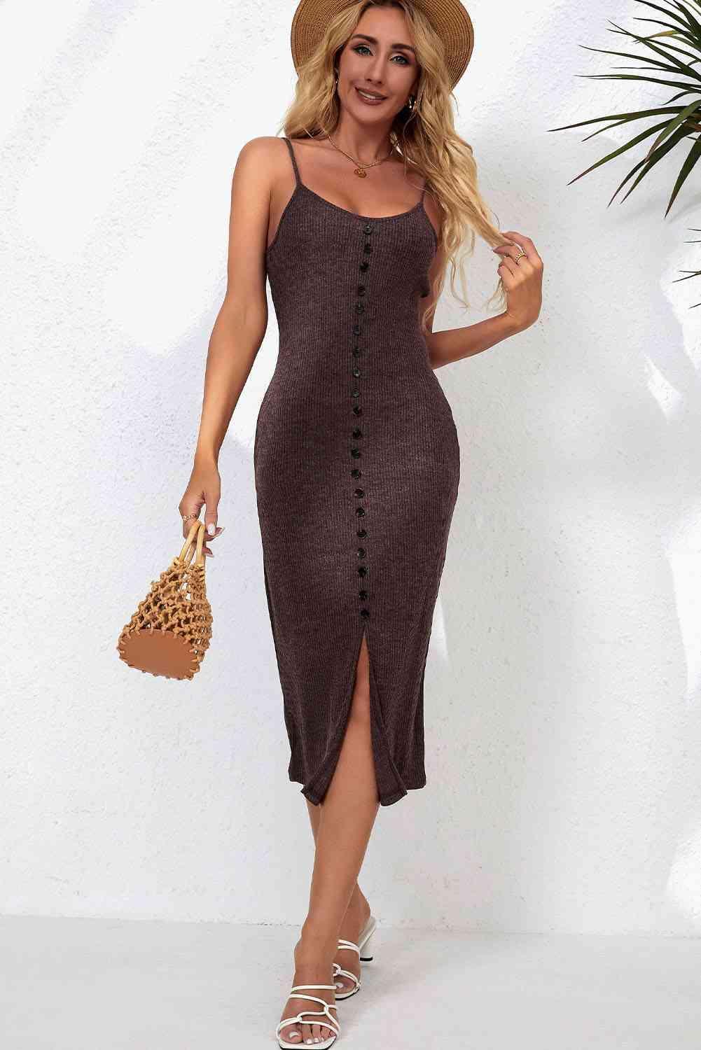 Decorative Button Slit Midi Dress - 808Lush