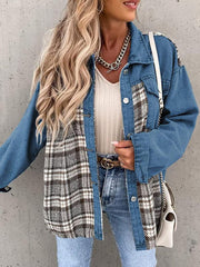 Denim Jacket Long Sleeve Check Button Down Shirt Jacket Top - 808Lush