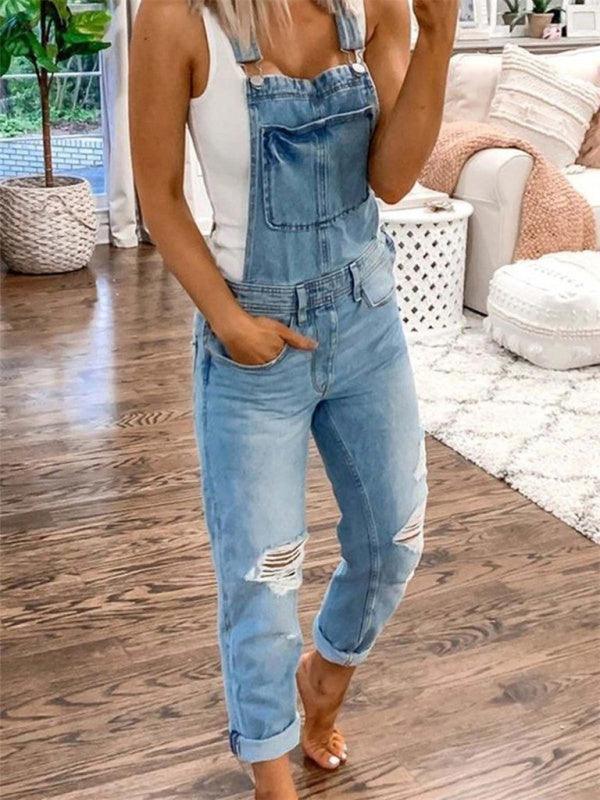 Double shoulder suspenders ripped denim jumpsuit women's casual - 808Lush