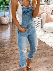 Double shoulder suspenders ripped denim jumpsuit women's casual - 808Lush