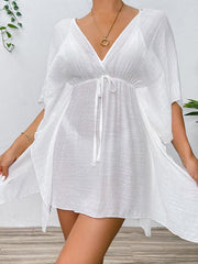 Drop shoulder loose beach cover-up solid color sun protection shirt waist tie bikini cover-up - 808Lush