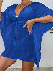 Drop shoulder loose beach cover-up solid color sun protection shirt waist tie bikini cover-up - 808Lush