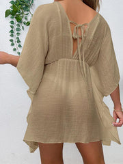 Drop shoulder loose beach cover-up solid color sun protection shirt waist tie bikini cover-up - 808Lush