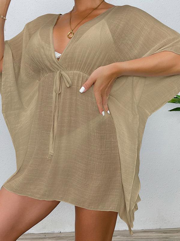 Drop shoulder loose beach cover-up solid color sun protection shirt waist tie bikini cover-up - 808Lush