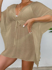 Drop shoulder loose beach cover-up solid color sun protection shirt waist tie bikini cover-up - 808Lush