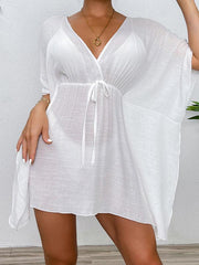Drop shoulder loose beach cover-up solid color sun protection shirt waist tie bikini cover-up - 808Lush
