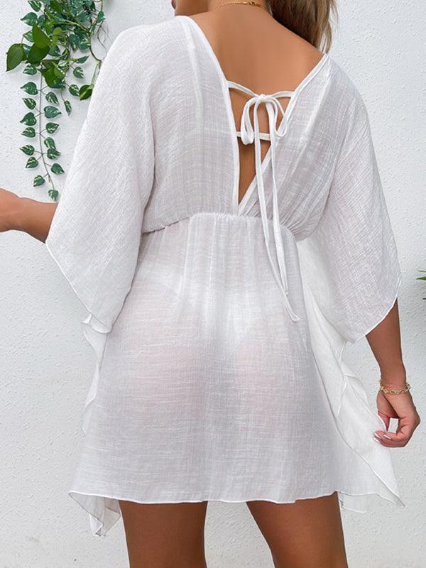 Drop shoulder loose beach cover-up solid color sun protection shirt waist tie bikini cover-up - 808Lush