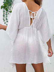 Drop shoulder loose beach cover-up solid color sun protection shirt waist tie bikini cover-up - 808Lush