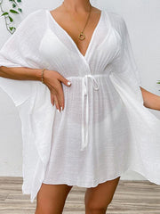 Drop shoulder loose beach cover-up solid color sun protection shirt waist tie bikini cover-up - 808Lush
