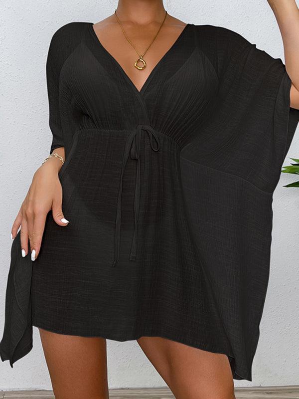 Drop shoulder loose beach cover-up solid color sun protection shirt waist tie bikini cover-up - 808Lush