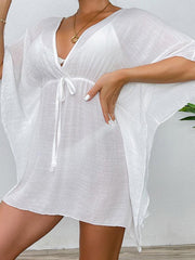 Drop shoulder loose beach cover-up solid color sun protection shirt waist tie bikini cover-up - 808Lush