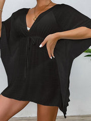 Drop shoulder loose beach cover-up solid color sun protection shirt waist tie bikini cover-up - 808Lush