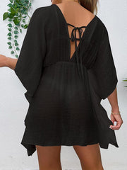 Drop shoulder loose beach cover-up solid color sun protection shirt waist tie bikini cover-up - 808Lush