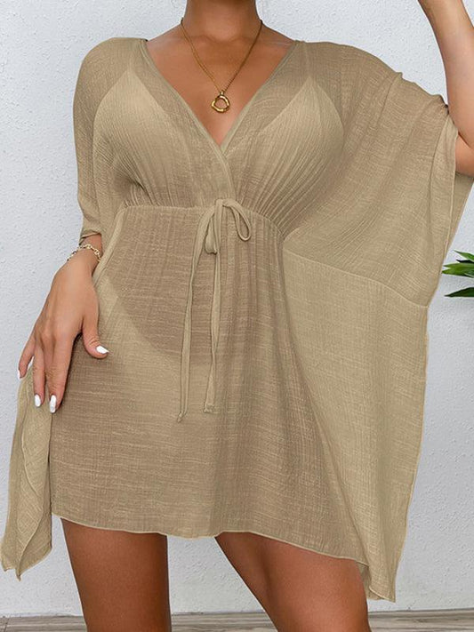 Drop shoulder loose beach cover-up solid color sun protection shirt waist tie bikini cover-up - 808Lush