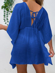 Drop shoulder loose beach cover-up solid color sun protection shirt waist tie bikini cover-up - 808Lush