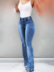 Elastic slit flared high waist jeans women's trousers - 808Lush