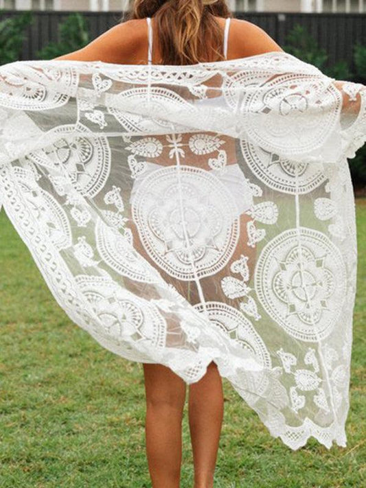 Embroidered lace bikini and mesh cardigan beach cover-up - 808Lush