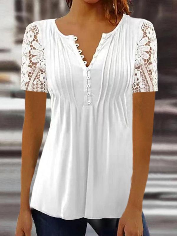 Fashion women's lace sleeves pleated solid color button t-shirt bottoming shirt - 808Lush