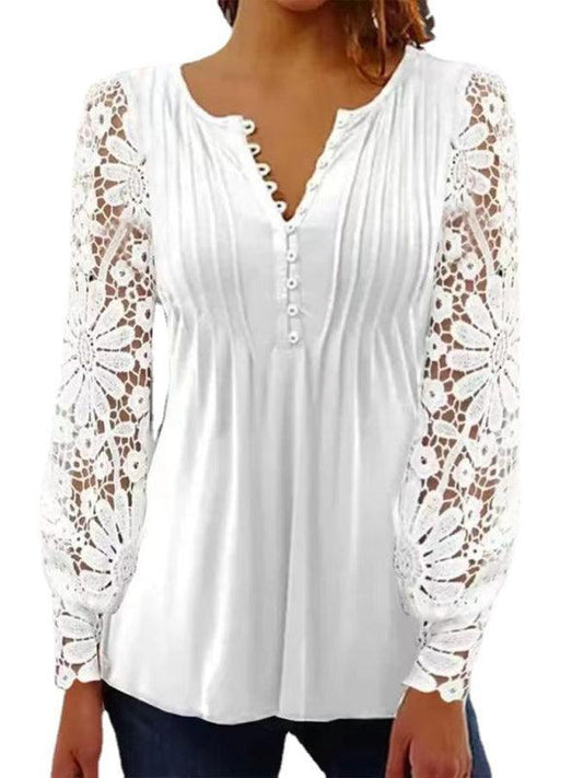 Fashion women's lace sleeves pleated solid color button t-shirt bottoming shirt - 808Lush