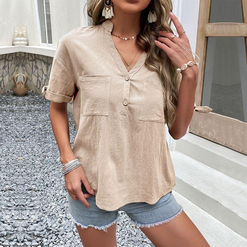 Fashion women's casual solid color pullover v-neck shirt - 808Lush
