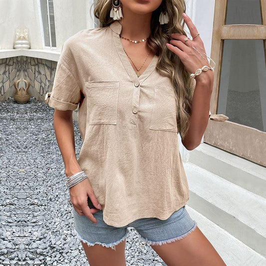 Fashion women's casual solid color pullover v-neck shirt - 808Lush