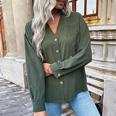 Fashion women's solid color lapel collar solid color shirt - 808Lush