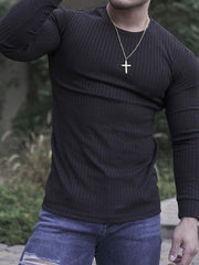 Fitness casual elastic vertical stripe round neck long-sleeved T-shirt - 808Lush