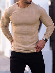 Fitness casual elastic vertical stripe round neck long-sleeved T-shirt - 808Lush