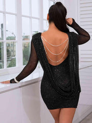 Glitter Mini Dress Mesh Sleeve Bodycon Dress - 808Lush