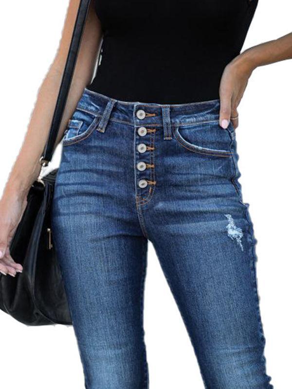 High Waist Retro Breasted Fringed Small Feet Elastic Ripped Jeans Women's Trousers - 808Lush