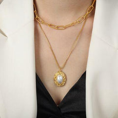 Inlaid Pearl Double-Layered Titanium Steel Necklace - 808Lush