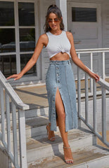 Irregular Split Denim High Waist Skirt - 808Lush