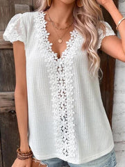 Lace waffle solid color V-neck short-sleeved casual T-shirt - 808Lush