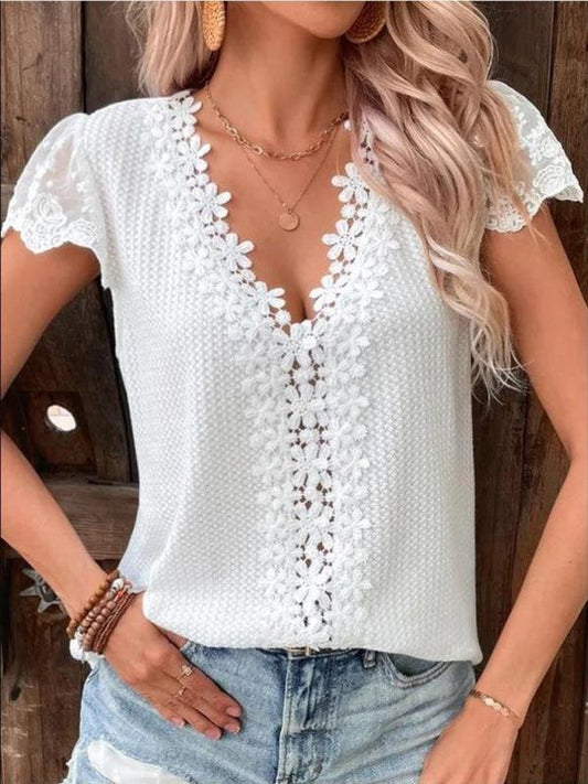 Lace waffle solid color V-neck short-sleeved casual T-shirt - 808Lush